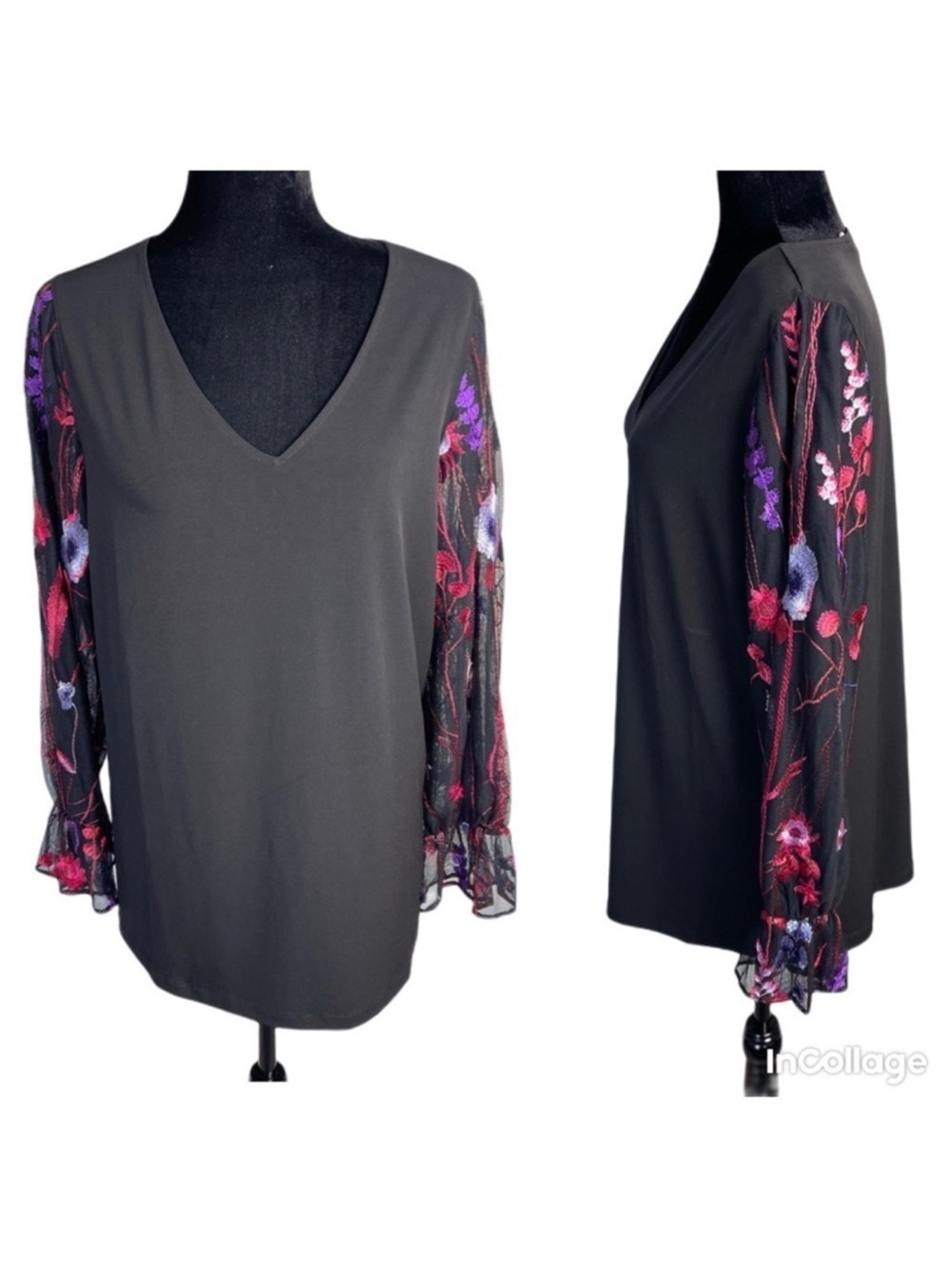 ✅ Susan Graver black sheer embroidered sleeve v-neck side slit blouse top size M
